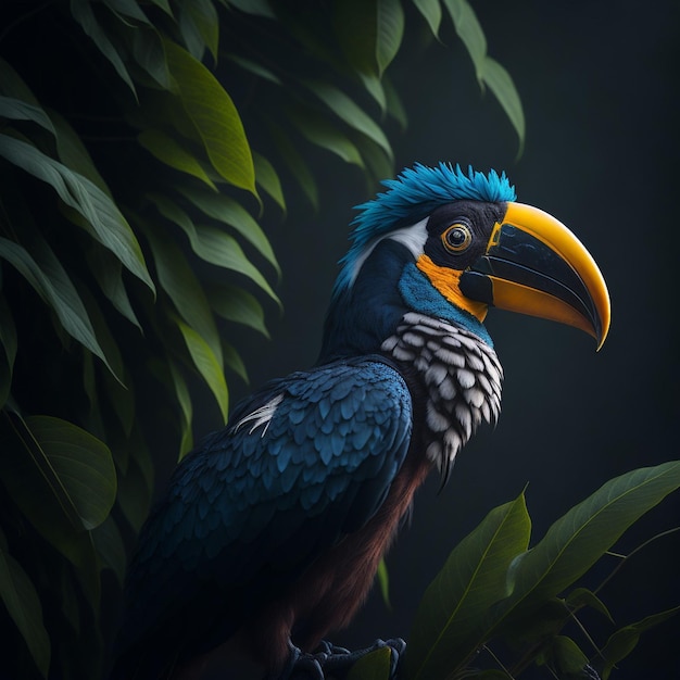 Ein Vogel mit einem blau-gelben Schnabel sitzt in einem Baum