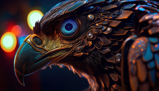 Ein Vogel mit einem blauen Auge und einem goldenen Ring am Schnabel