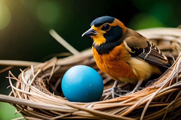 Ein Vogel mit einem blauen Ei in einem Nest