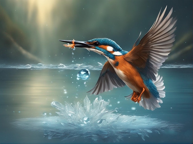 Ein Vogel mit einem Fisch im Schnabel fliegt in der Luft.