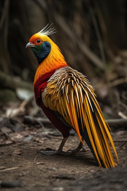 Ein Vogel mit einem leuchtend orangefarbenen Kopf und einem schwarzen Kopf steht auf dem Boden.