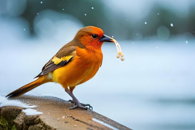 Ein Vogel mit einem Stück Brot im Schnabel sitzt auf einem schneebedeckten Felsvorsprung.