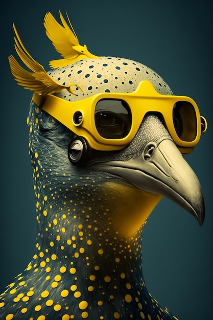 Ein Vogel mit einer gelben Feder und einer Sonnenbrille darauf