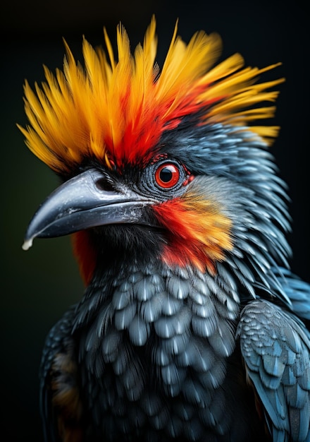 ein Vogel mit einer gelben und roten Feder auf dem Kopf