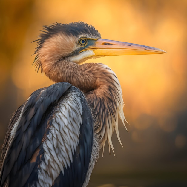 Ein Vogel mit gelbem Auge und langem Schnabel steht vor einem verschwommenen Hintergrund.