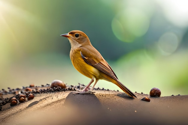 Ein Vogel mit gelbem Kopf und braunen Flügeln steht auf einem Baumstamm.