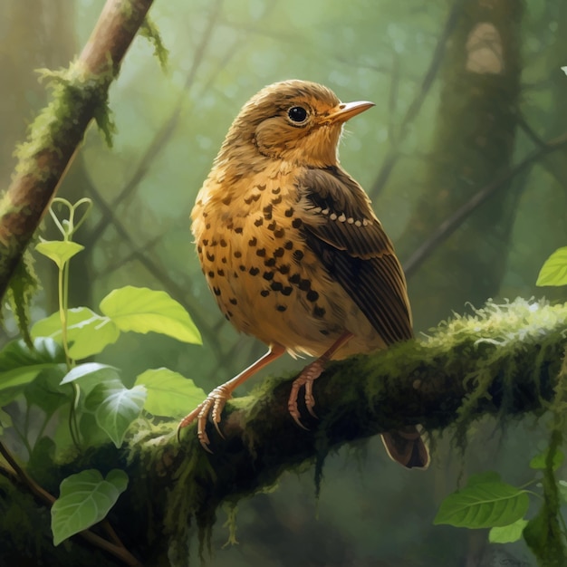 Ein Vogel mit gelbem Schnabel sitzt auf einem Ast in einem Wald.