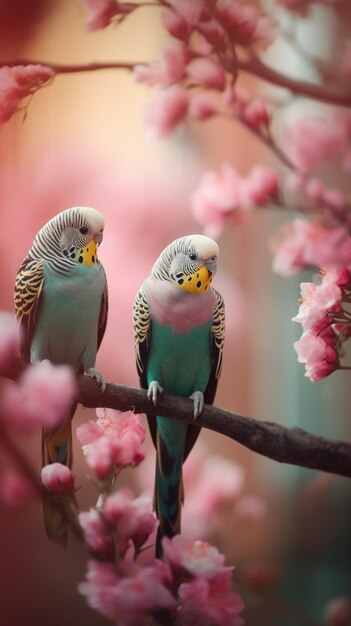 Ein Vogel mit gelbem Schnabel sitzt auf einem Ast mit rosa Blüten im Hintergrund.