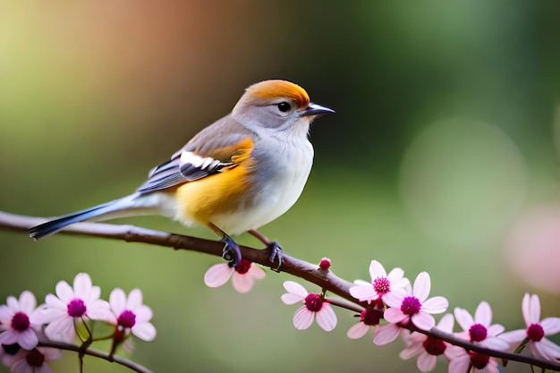 ein Vogel mit gelber Brust und einer violetten Blume im Hintergrund