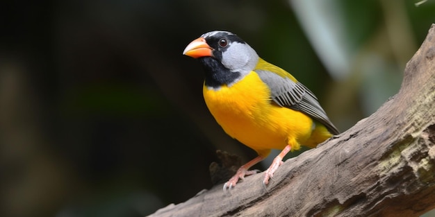 Ein Vogel mit gelber Brust und schwarzen Augen sitzt auf einem Ast.