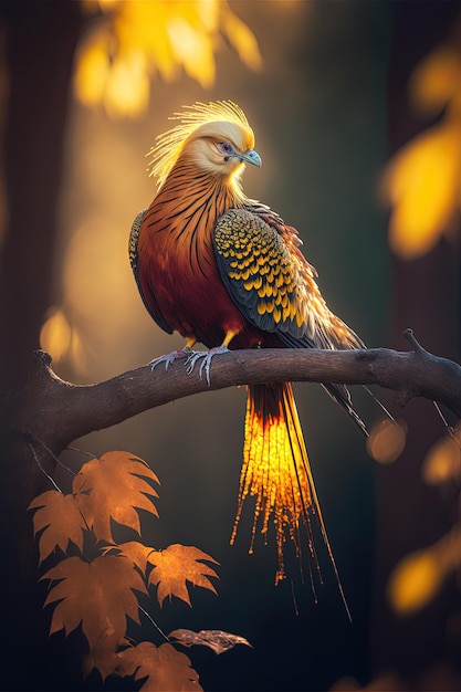 Ein Vogel mit goldenem Schwanz sitzt auf einem Ast im Herbstwald.