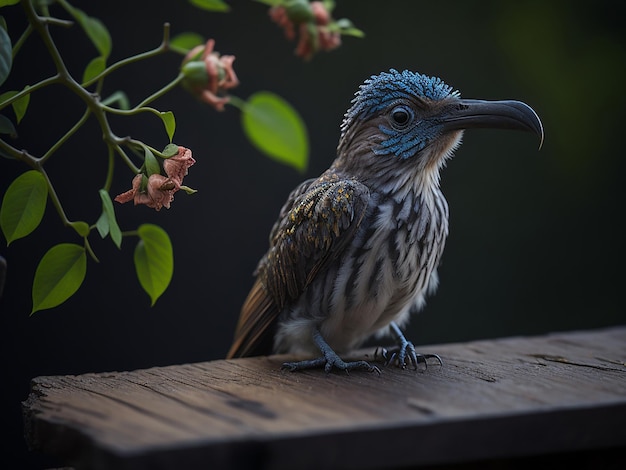 Ein Vogel mit langem Schnabel sitzt auf einem Holzsims mit Blumen im Hintergrund.