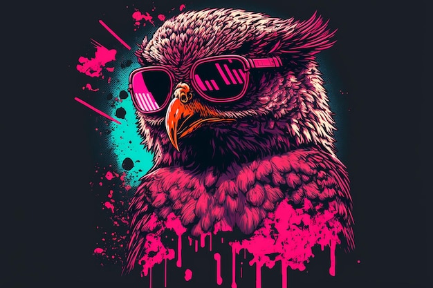 Ein Vogel mit rosa Brille und schwarzem Hintergrund