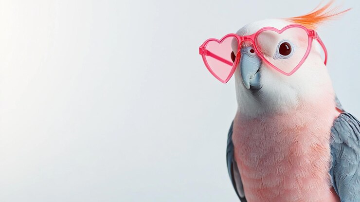 ein Vogel mit rosa Liebesherz-Sonnenbrille auf weißem Hintergrund