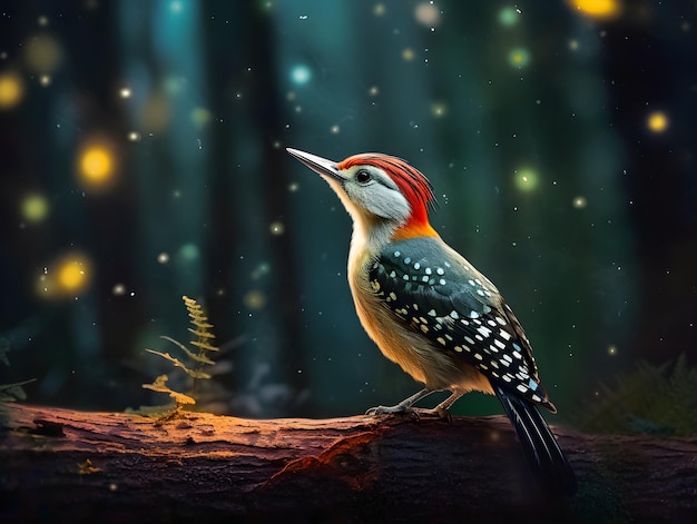 Ein Vogel mit Rot und Gelb auf dem Kopf sitzt auf einem Ast in einem Wald.