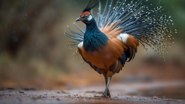 Ein Vogel mit rotem Kopf und blauen Federn läuft auf dem Boden.