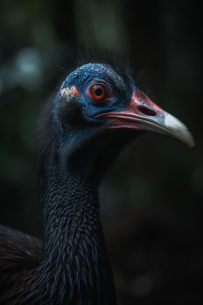 Ein Vogel mit roten Augen und schwarzem Hintergrund