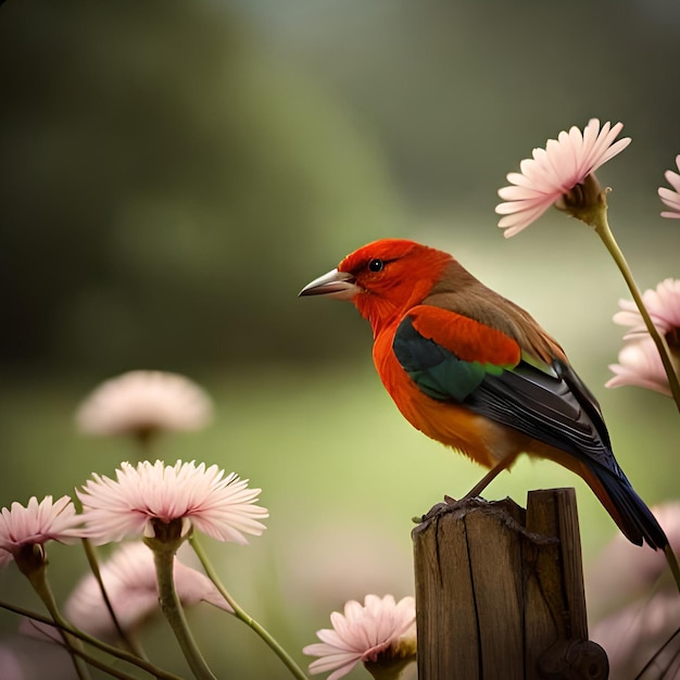 Ein Vogel mit roten Flügeln sitzt auf einer Stange zwischen den Blumen