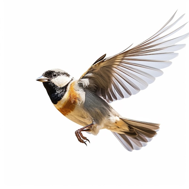 Ein Vogel mit schwarz-orangefarbenem Kopf und orangefarbenen Federn fliegt vor weißem Hintergrund.