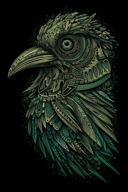 Ein Vogel mit schwarzem Hintergrund und einem grünen Vogel auf der Vorderseite.