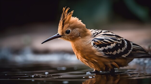 Ein Vogel mit schwarzem Kopf und orangefarbenen Federn steht im Wasser.