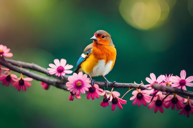 Ein Vogel mit weißer Brust und blau-weißer Brust sitzt auf einem Zweig mit rosa Blüten.