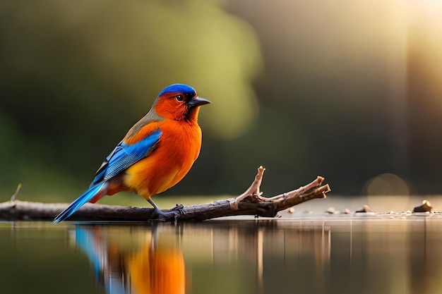 Ein Vogel sitzt auf einem Ast im Wasser