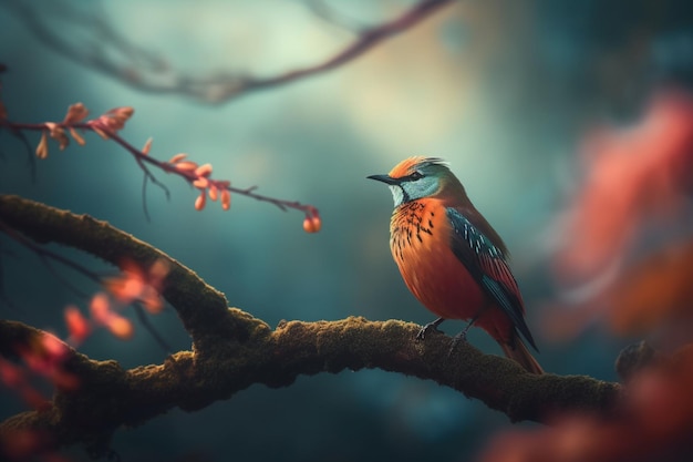 Ein Vogel sitzt auf einem Ast in einem Wald.