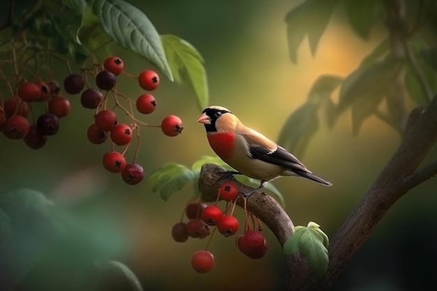 Ein Vogel sitzt auf einem Ast mit Beeren darauf.