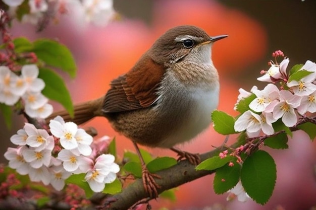 Ein Vogel sitzt auf einem Ast mit Blumen im Hintergrund.