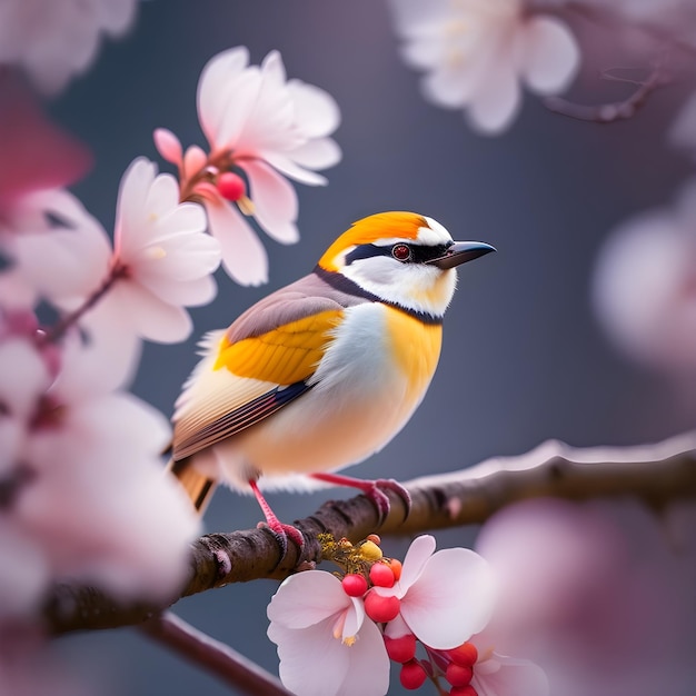 Ein Vogel sitzt auf einem Ast mit einer roten Beere darauf