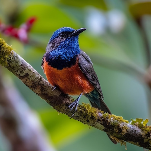 Ein Vogel sitzt auf einem Ast mit einer roten Blume im Hintergrund.