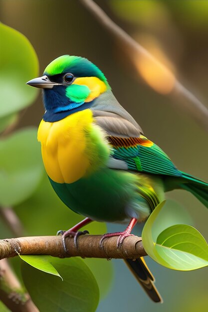 Ein Vogel sitzt auf einem Ast mit grünem Blatt