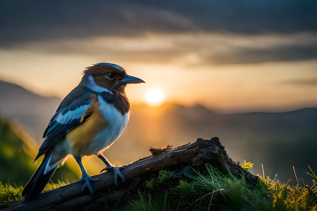 Ein Vogel sitzt auf einem Ast vor einem Sonnenuntergang