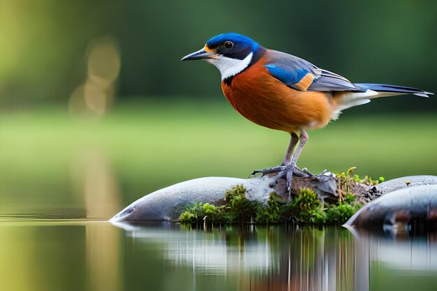 Ein Vogel sitzt auf einem Felsen im Wasser.