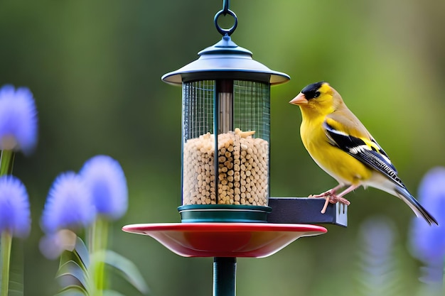 Ein Vogel sitzt auf einem Futterhäuschen mit Samen darin.