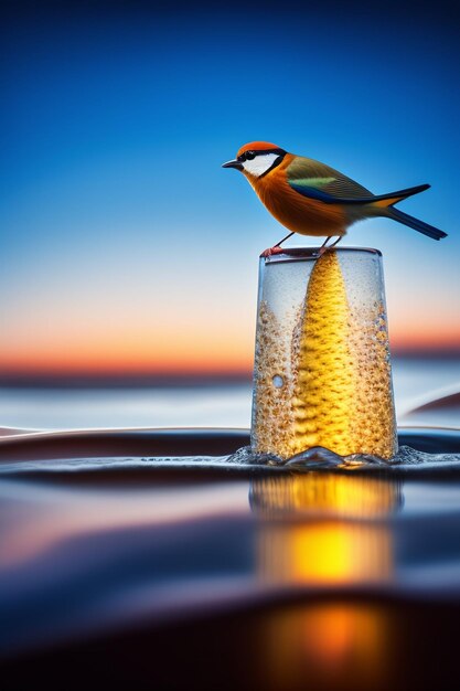 Ein Vogel sitzt auf einem Glas, im Hintergrund ist der Sonnenuntergang zu sehen.