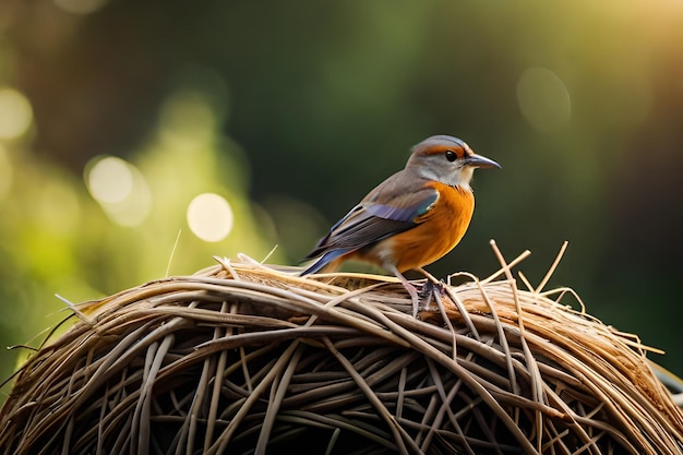 Ein Vogel sitzt auf einem Nest mit dem Wort Rotkehlchen darauf.