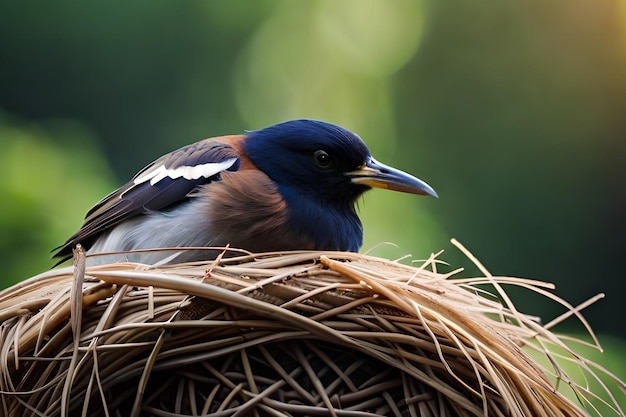 Foto ein vogel sitzt auf einem nest mit grünem hintergrund.