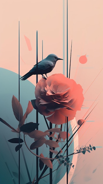 Ein Vogel sitzt auf einer Blume vor einer rosa Blume.