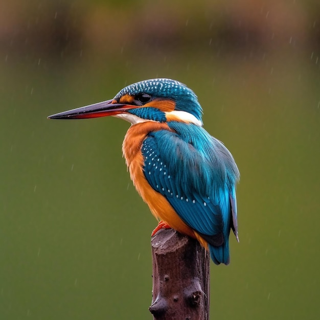 ein Vogel sitzt im Regen auf einem Stock.