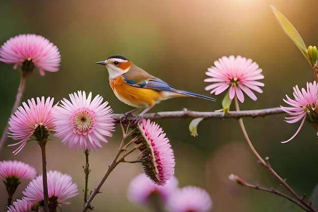 Ein Vogel sitzt in der Morgensonne auf einer Blume.