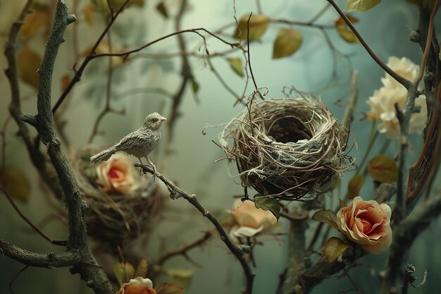 Ein Vogel sitzt in einem Nest mit dem Babyvogel
