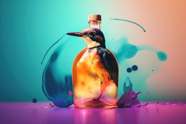 Ein Vogel sitzt in einer Flasche mit Flüssigkeit Generative KI-Bild