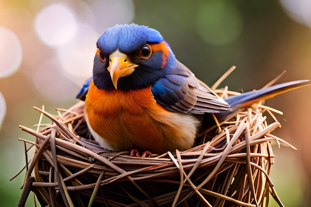 Ein Vogel sitzt mit seinen blauen und orangefarbenen Federn in einem Nest.