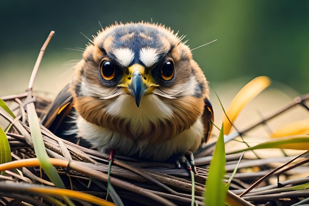 Ein Vogel sitzt mit weit geöffneten Augen in einem Nest.