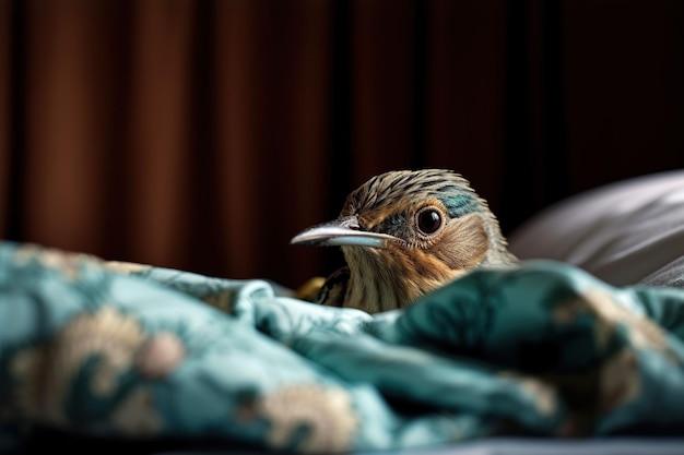 Ein Vogel späht aus einer Decke mit einem blau-weißen Muster heraus.