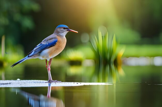 Ein Vogel steht an einem Flussufer im Wald.