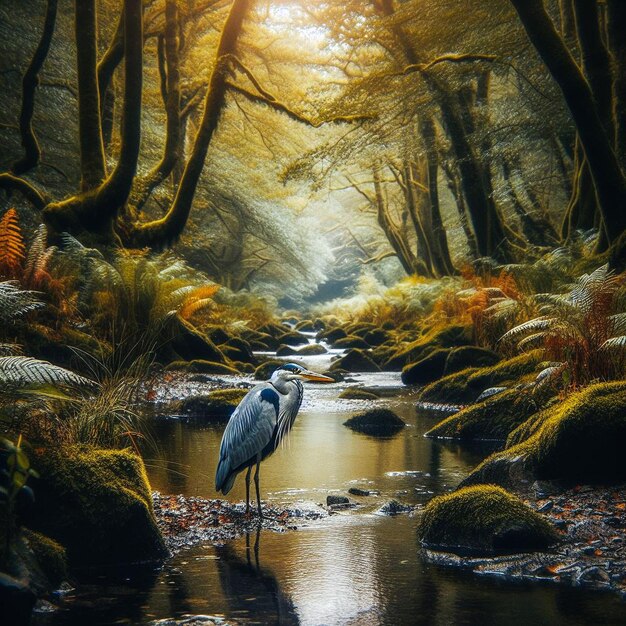 Foto ein vogel steht in einem bach in einem wald