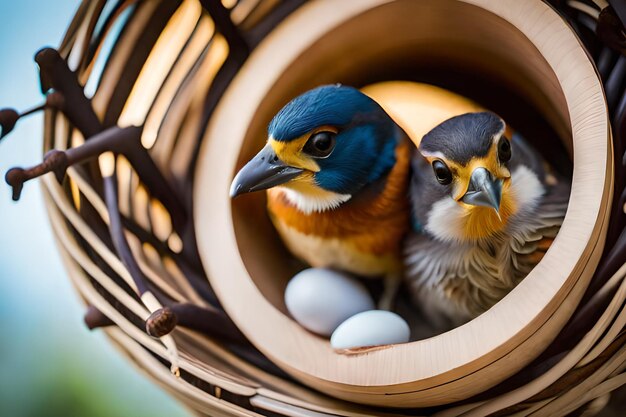 Ein Vogel und ein Vogelbaby in einem Korb